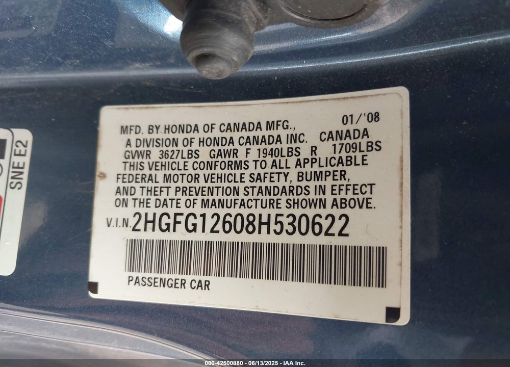 2008 HONDA CIVIC LX VIN: 2HGFG12608H530622
