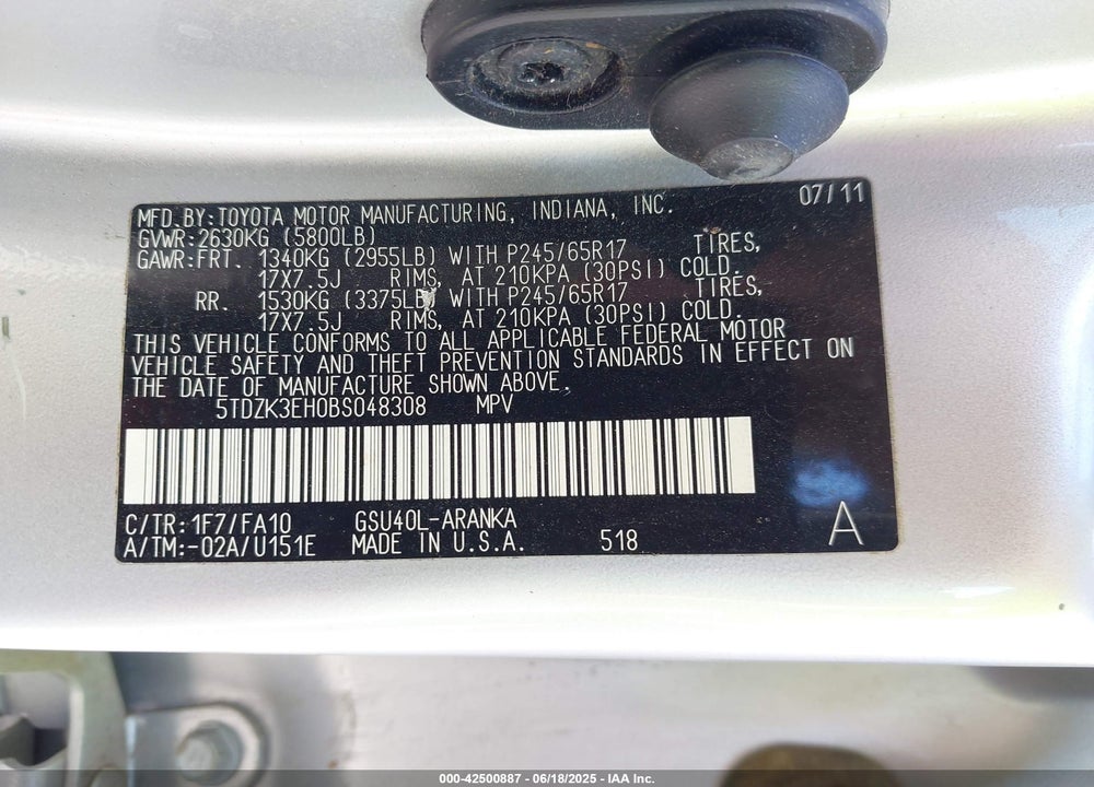 2011 TOYOTA HIGHLANDER VIN: 5TDZK3EH0BS048308