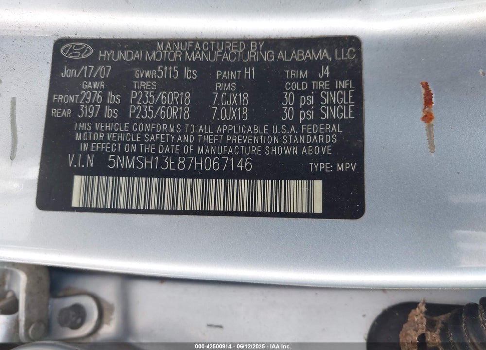 2007 HYUNDAI SANTA FE LIMITED/SE VIN: 5NMSH13E87H067146