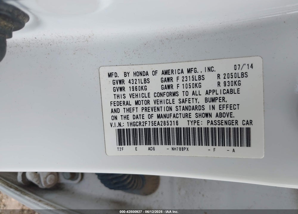 2014 HONDA ACCORD EX VIN: 1HGCR2F75EA285316