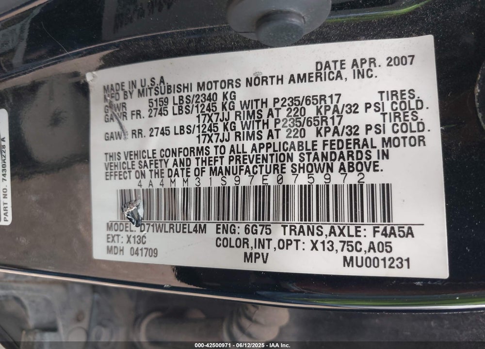 2007 MITSUBISHI ENDEAVOR SE VIN: 4A4MM31S97E075972