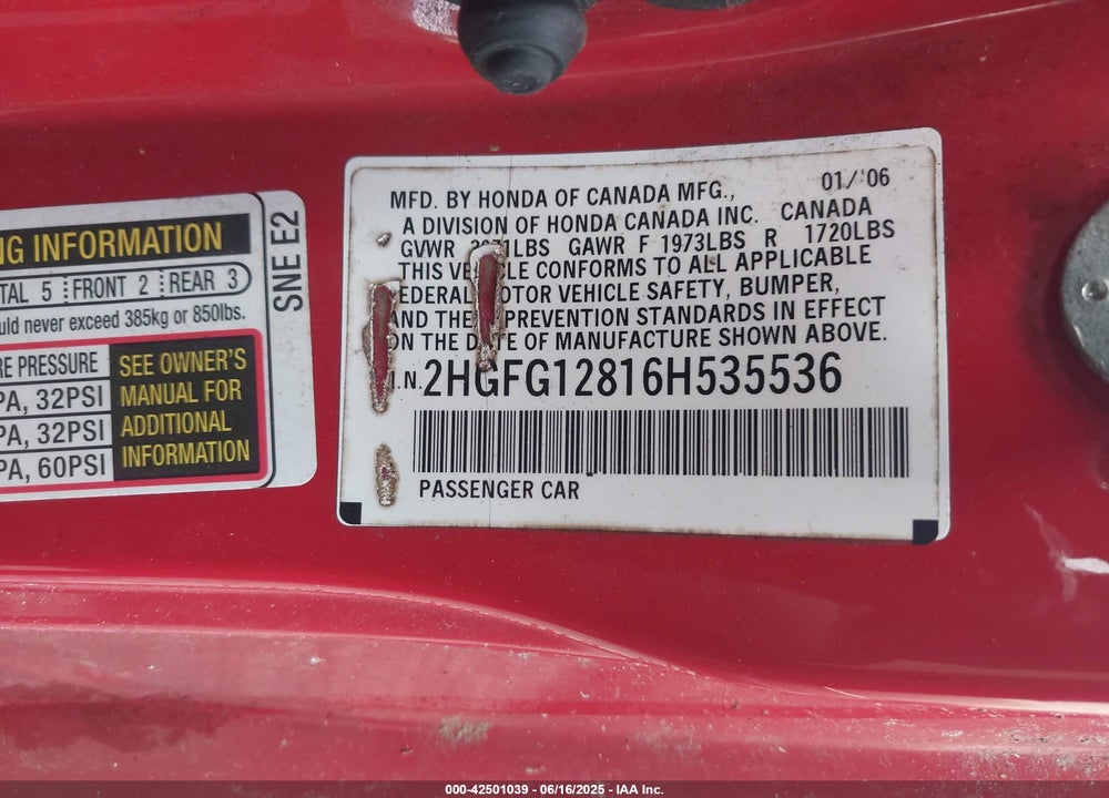 2006 HONDA CIVIC EX VIN: 2HGFG12816H535536