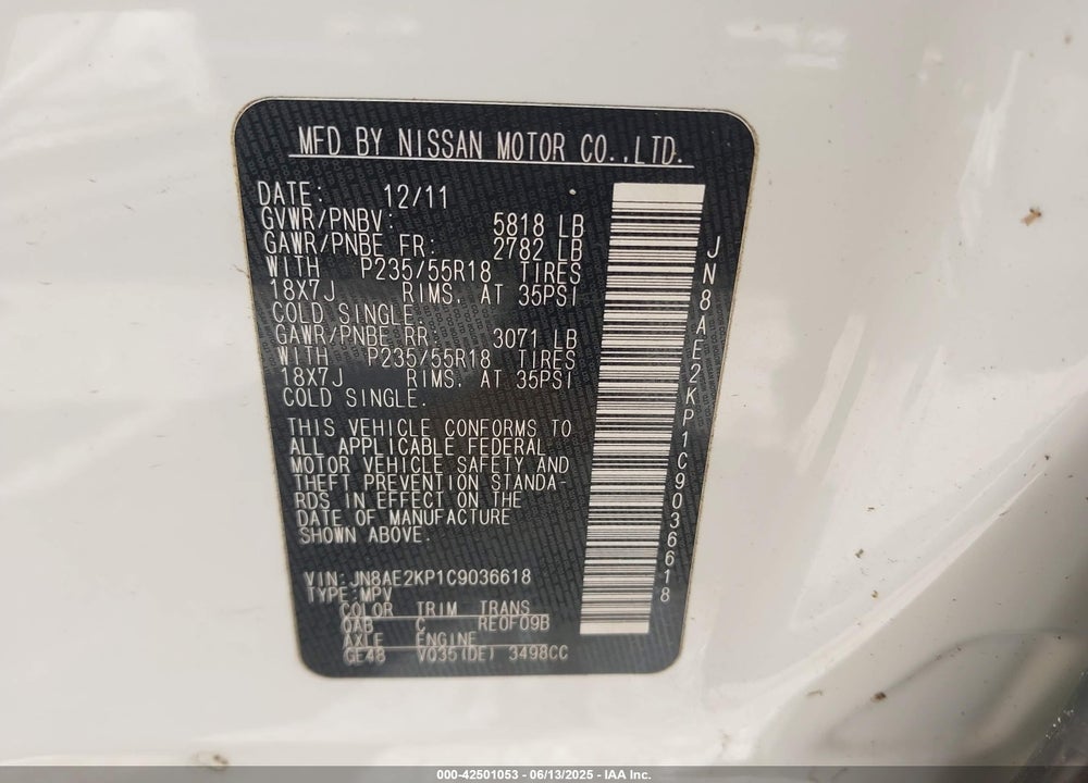 2012 NISSAN QUEST SL VIN: JN8AE2KP1C9036618