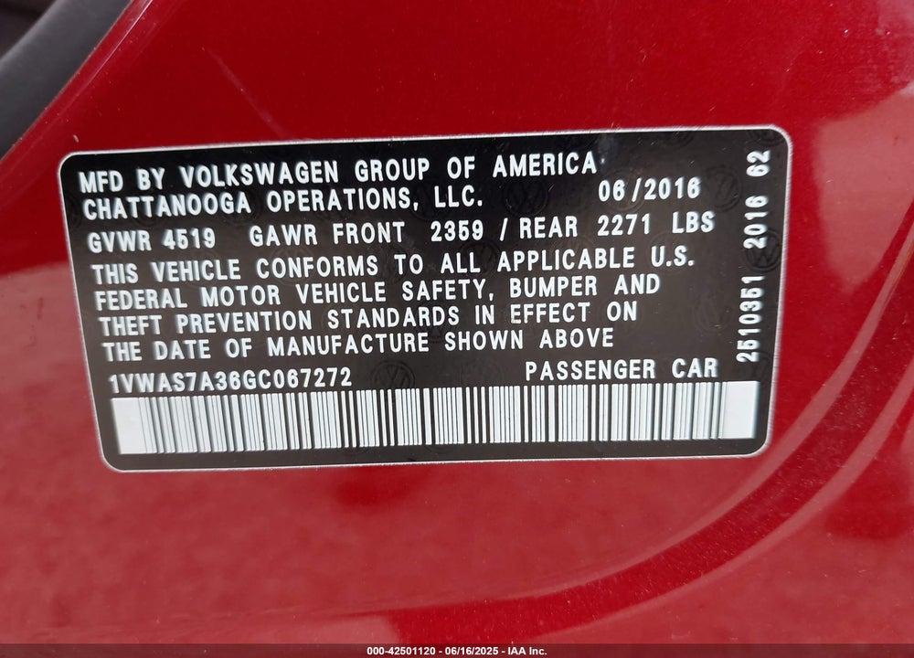 2016 VOLKSWAGEN PASSAT VIN: 1VWAS7A36GC067272