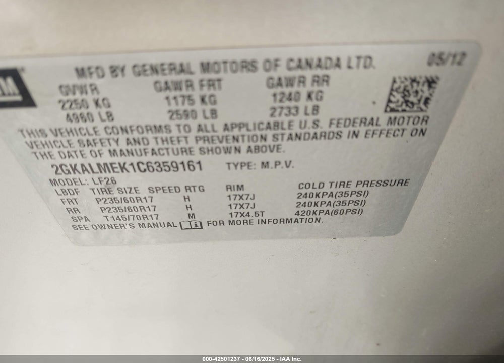 2012 GMC TERRAIN SLE-1 VIN: 2GKALMEK1C6359161
