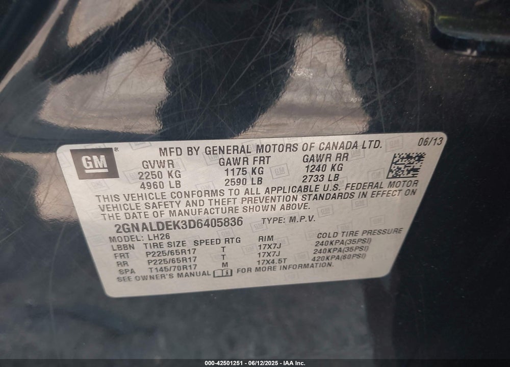 2013 CHEVROLET EQUINOX 1LT VIN: 2GNALDEK3D6405836