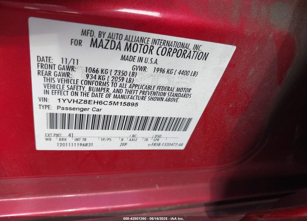 2012 MAZDA 6 I TOURING PLUS VIN: 1YVHZ8EH6C5M15895