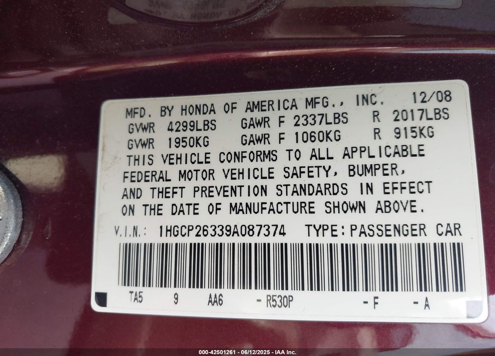 2009 HONDA ACCORD VIN: 1HGCP26339A087374