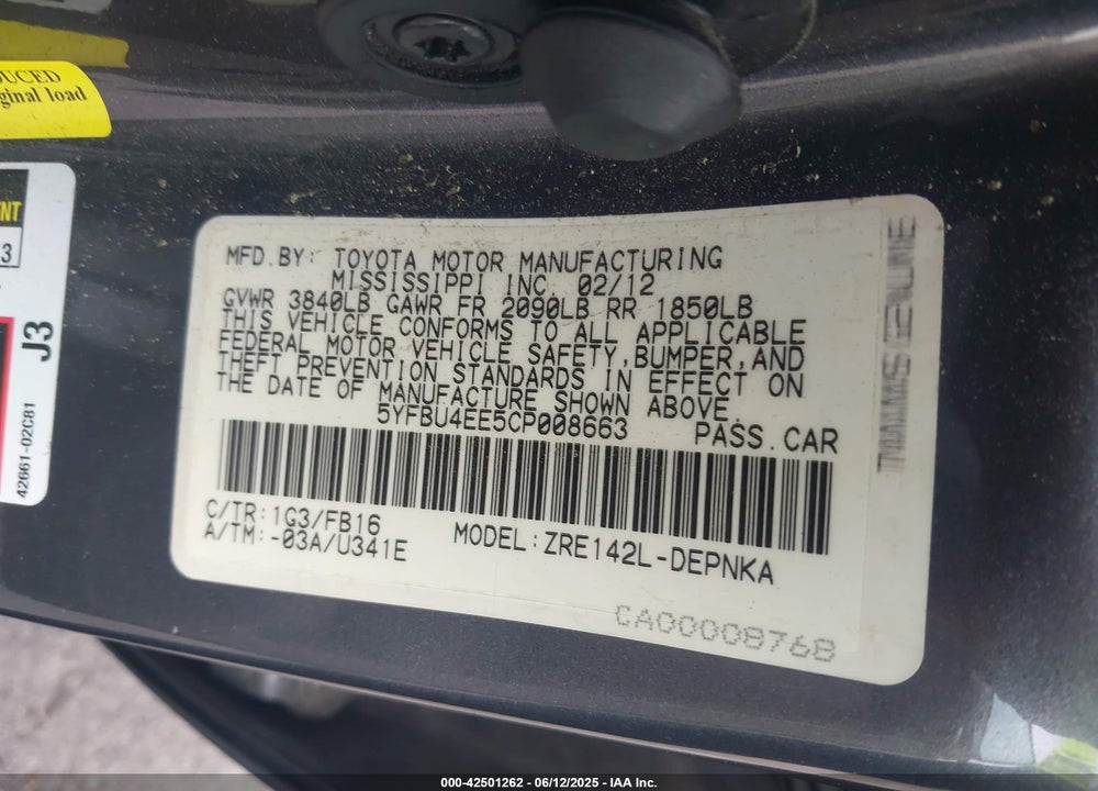 2012 TOYOTA COROLLA S/LE VIN: 5YFBU4EE5CP008663