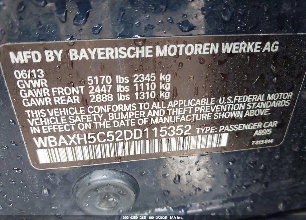 2013 BMW 528I VIN: WBAXH5C52DD115352
