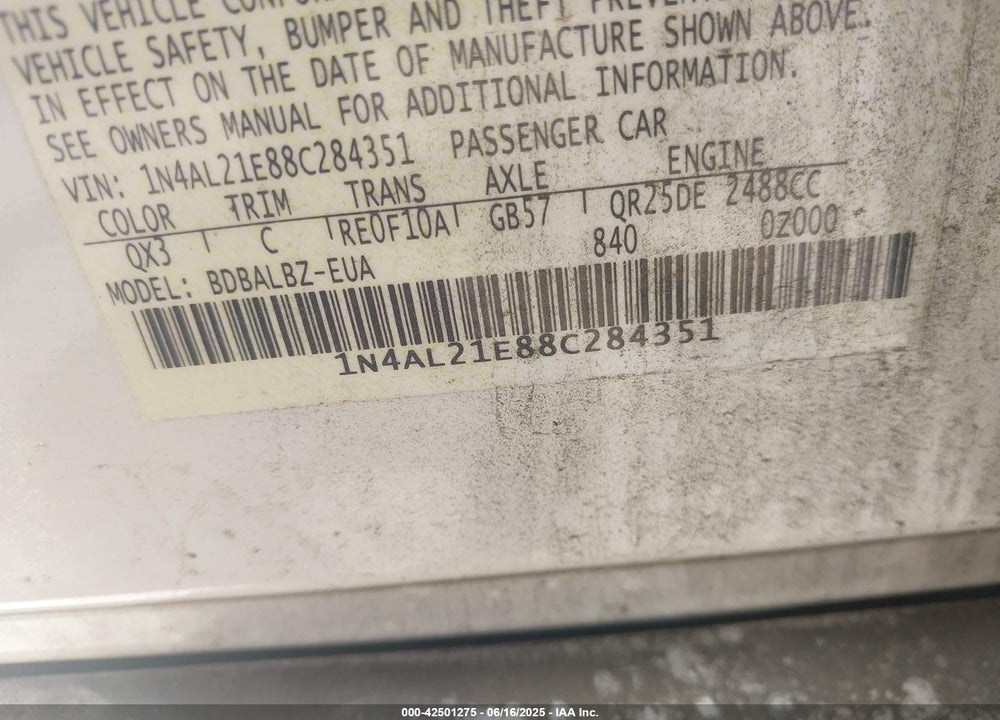 2008 NISSAN ALTIMA 2.5 S VIN: 1N4AL21E88C284351