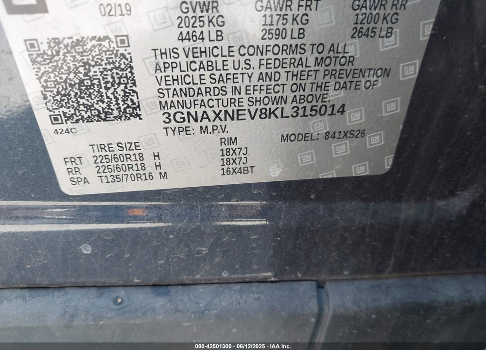 2019 CHEVROLET EQUINOX VIN: 3GNAXNEV8KL315014
