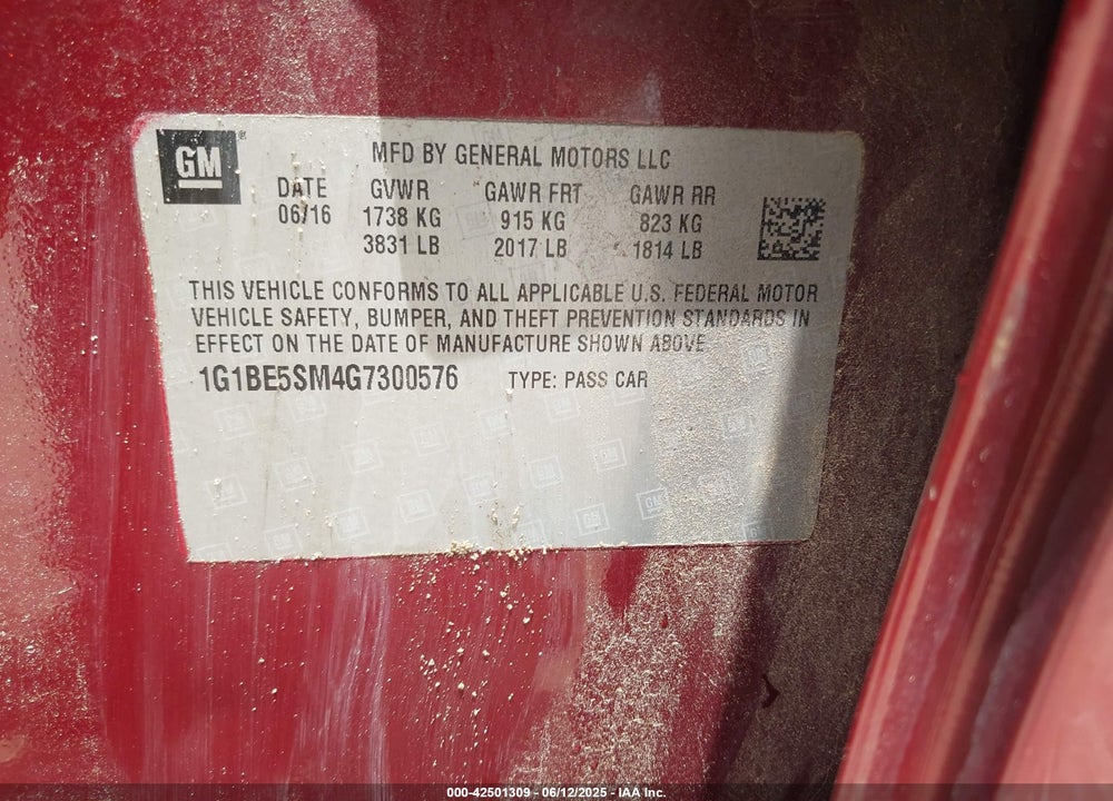 2016 CHEVROLET CRUZE VIN: 1G1BE5SM4G7300576