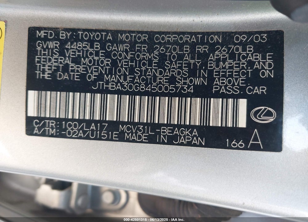 2004 LEXUS ES 330 VIN: JTHBA30G845005734