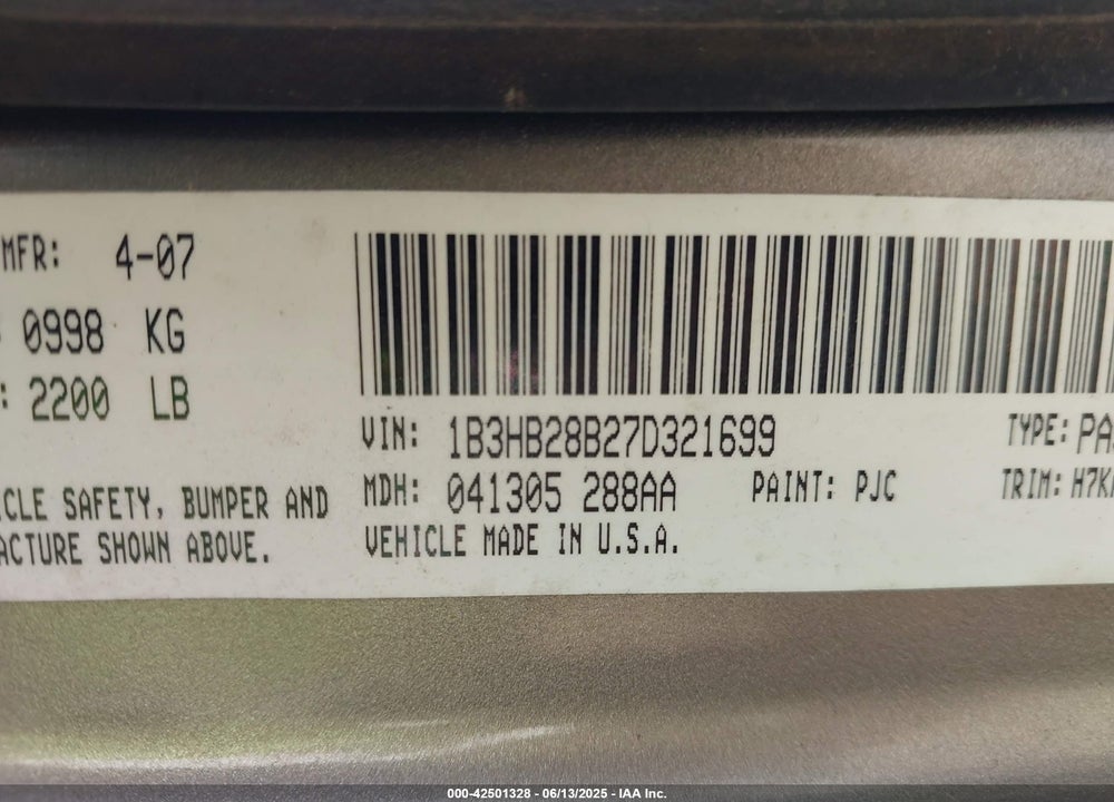 2007 DODGE CALIBER VIN: 1B3HB28B27D321699