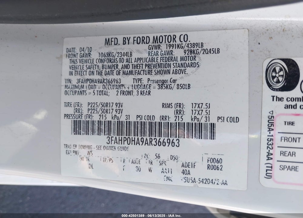 2010 FORD FUSION SE VIN: 3FAHP0HA9AR366963