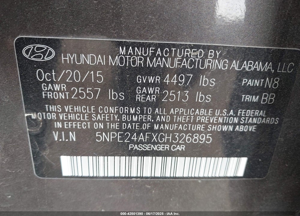 2016 HYUNDAI SONATA VIN: 5NPE24AFXGH326895