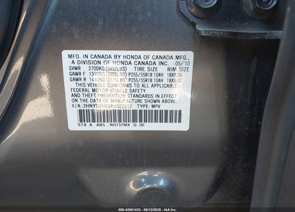 2010 ACURA MDX TECHNOLOGY PACKAGE VIN: 2HNYD2H60AH522212