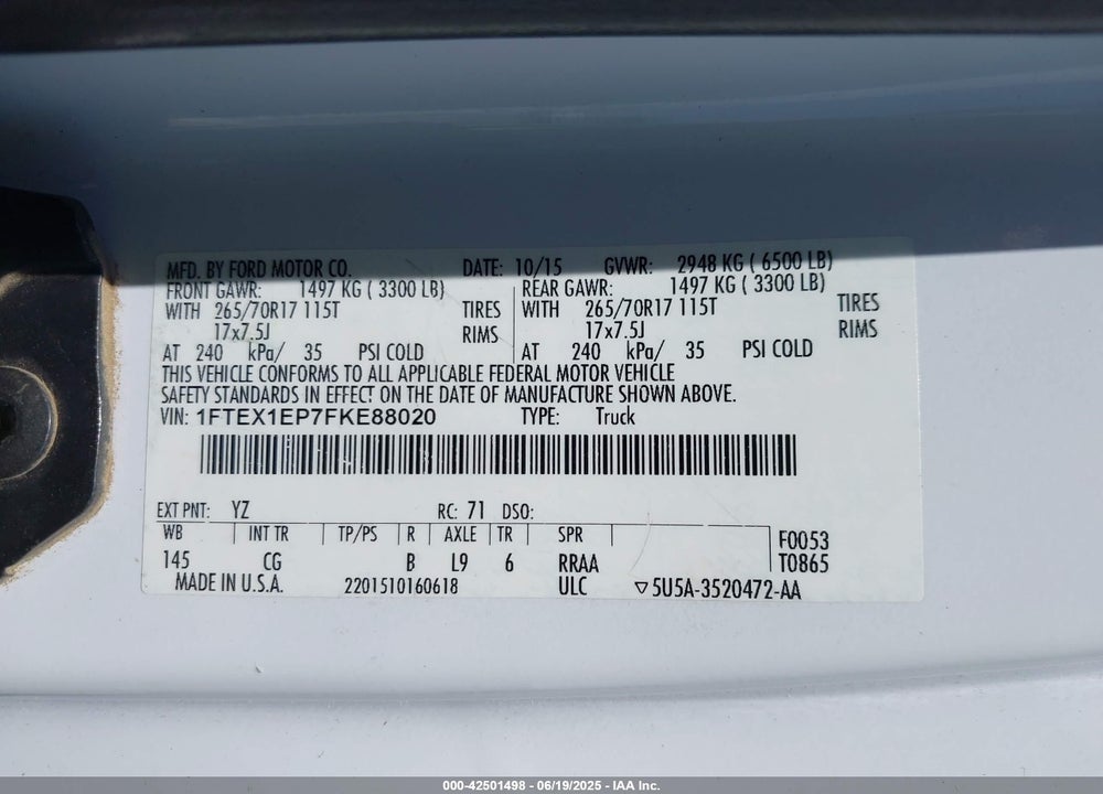 2015 FORD F-150 VIN: 1FTEX1EP7FKE88020