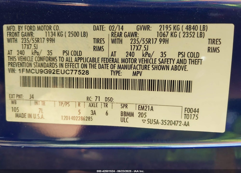 2014 FORD ESCAPE VIN: 1FMCU9G92EUC77528