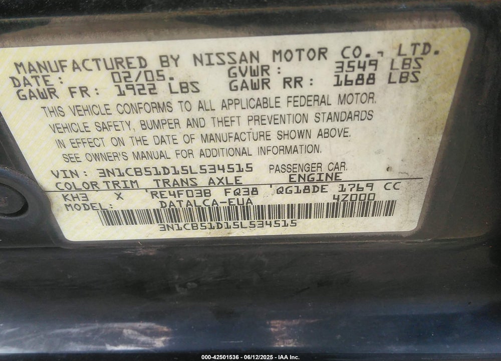 2005 NISSAN SENTRA 1.8 VIN: 3N1CB51D15L534515