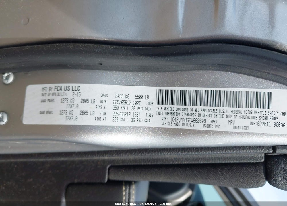 2015 JEEP CHEROKEE SPORT VIN: 1C4PJMAB6FW662609