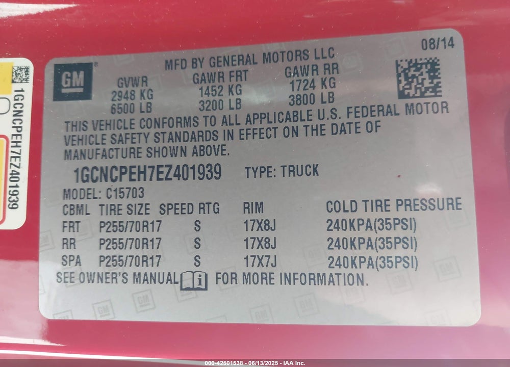 2014 CHEVROLET SILVERADO 1500 WORK TRUCK 1WT VIN: 1GCNCPEH7EZ401939