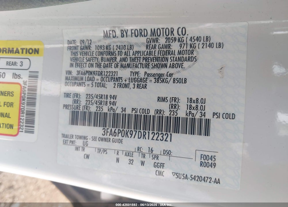 2013 FORD FUSION VIN: 3FA6P0K97DR122321