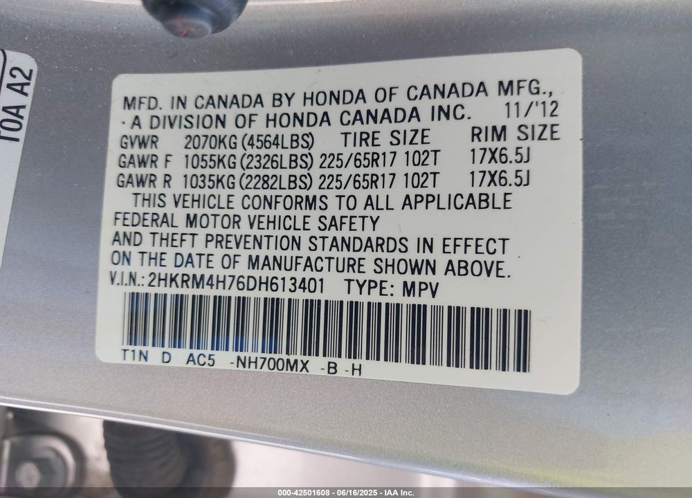 2013 HONDA CR-V VIN: 2HKRM4H76DH613401