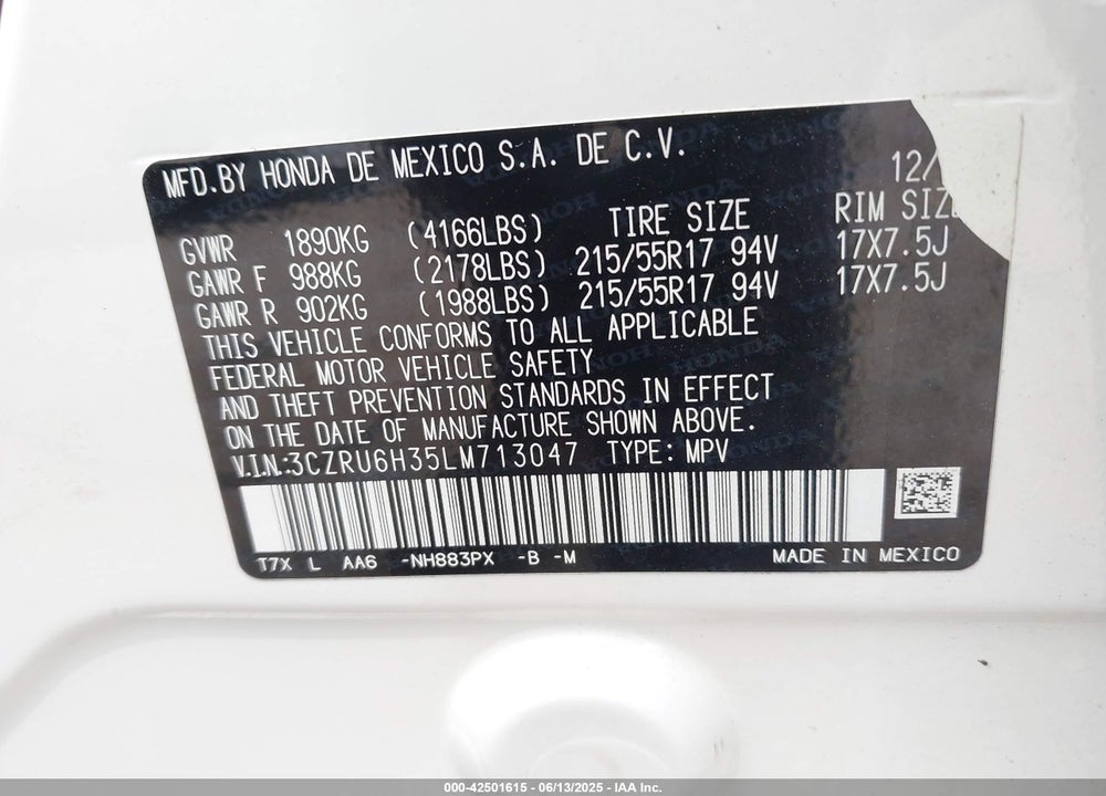 2020 HONDA HR-V VIN: 3CZRU6H35LM713047