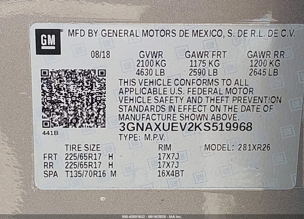 2019 CHEVROLET EQUINOX LT VIN: 3GNAXUEV2KS519968