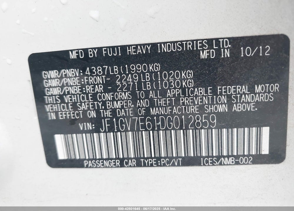 2013 SUBARU IMPREZA VIN: JF1GV7E61DG012859