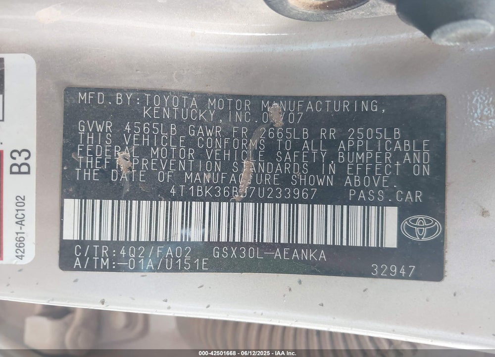 2007 TOYOTA AVALON XL VIN: 4T1BK36B97U233967