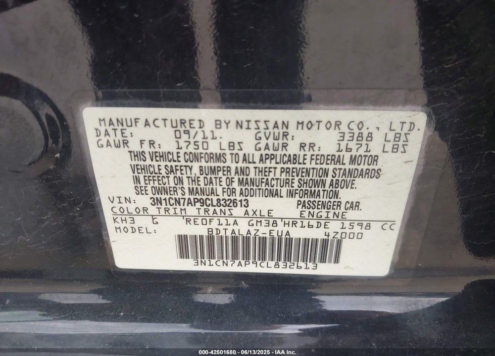 2012 NISSAN VERSA VIN: 3N1CN7AP9CL832613