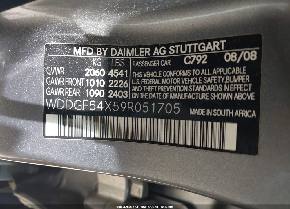 2009 MERCEDES-BENZ C CLASS VIN: WDDGF54X59R051705