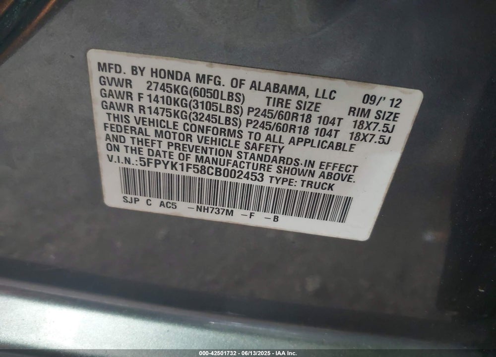 2012 HONDA RIDGELINE VIN: 5FPYK1F58CB002453