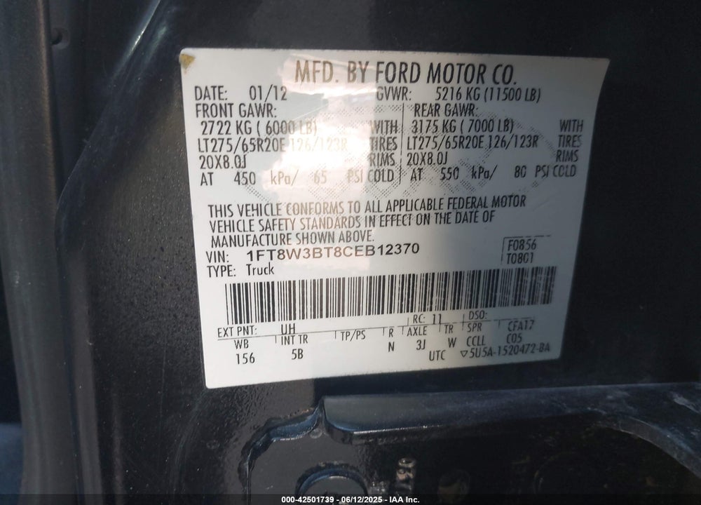 2012 FORD F-350 LARIAT VIN: 1FT8W3BT8CEB12370
