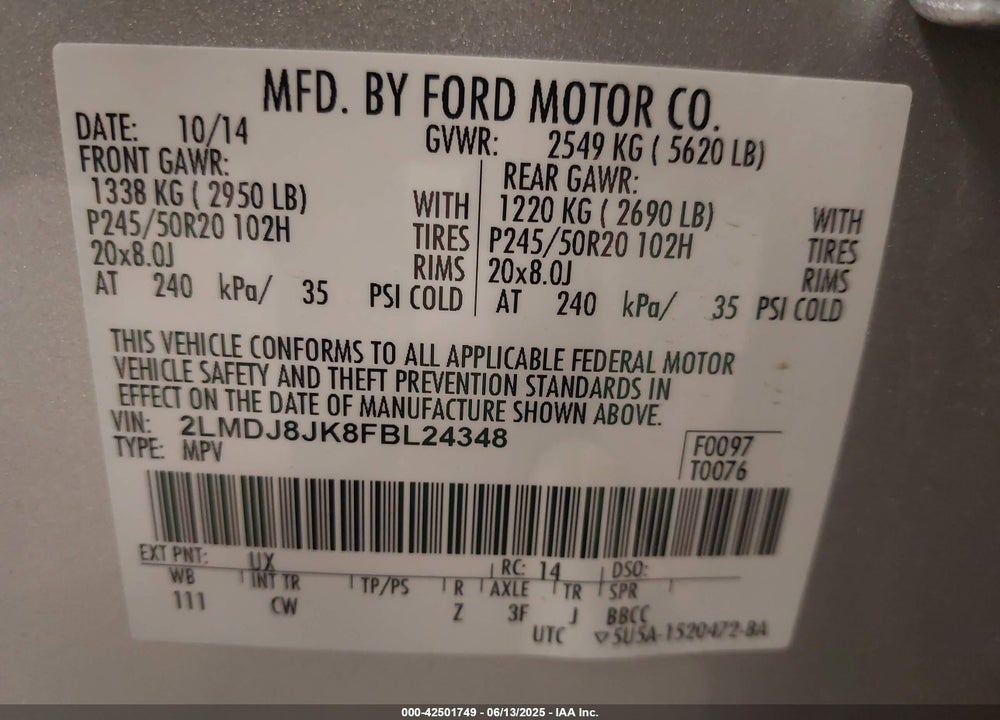 2015 LINCOLN MKX VIN: 2LMDJ8JK8FBL24348