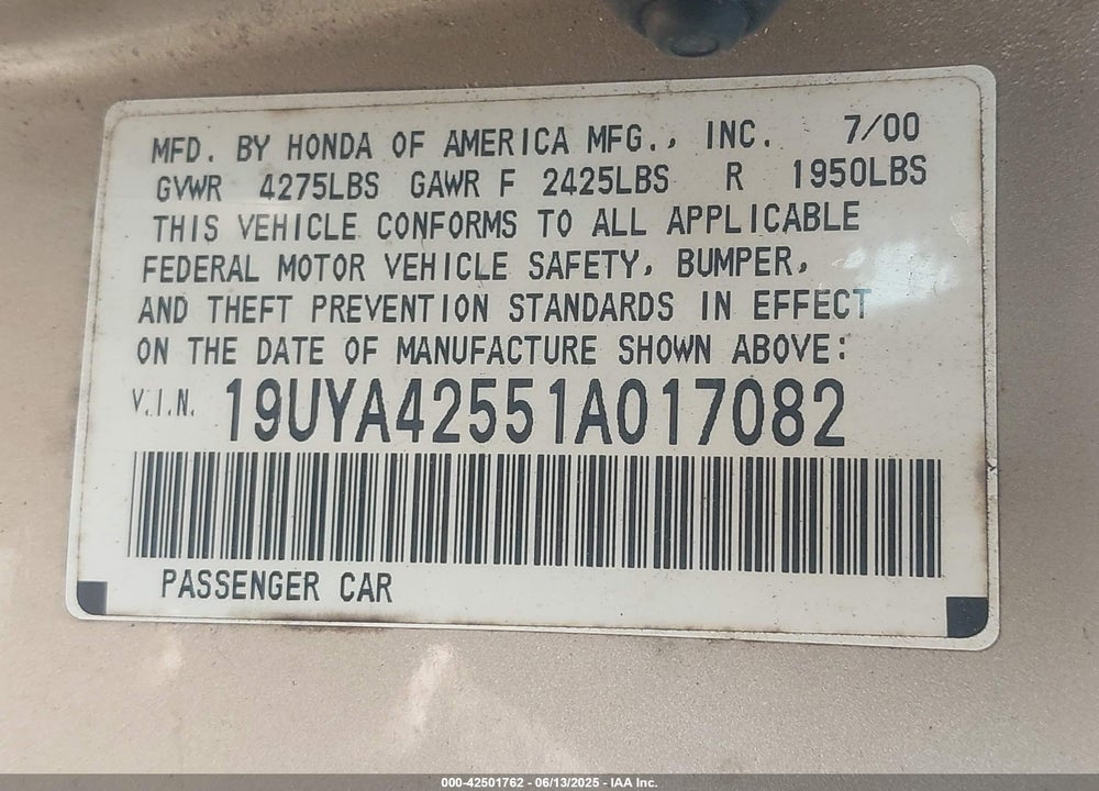 2001 ACURA CL 3.2 VIN: 19UYA42551A017082