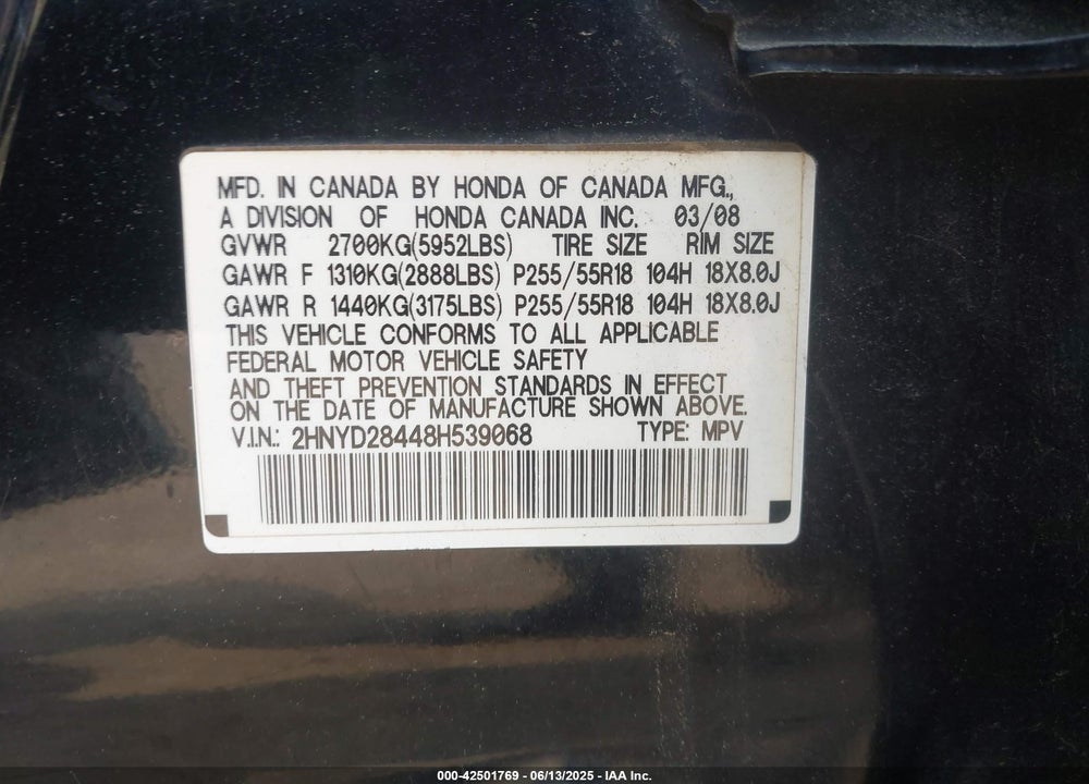 2008 ACURA MDX VIN: 2HNYD28448H539068