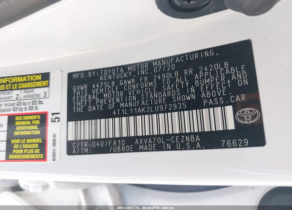 2020 TOYOTA CAMRY VIN: 4T1L11AK2LU972935