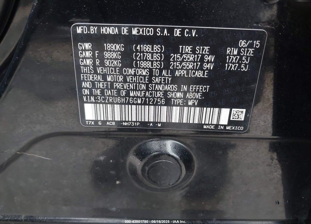 2016 HONDA HR-V VIN: 3CZRU6H76GM712756