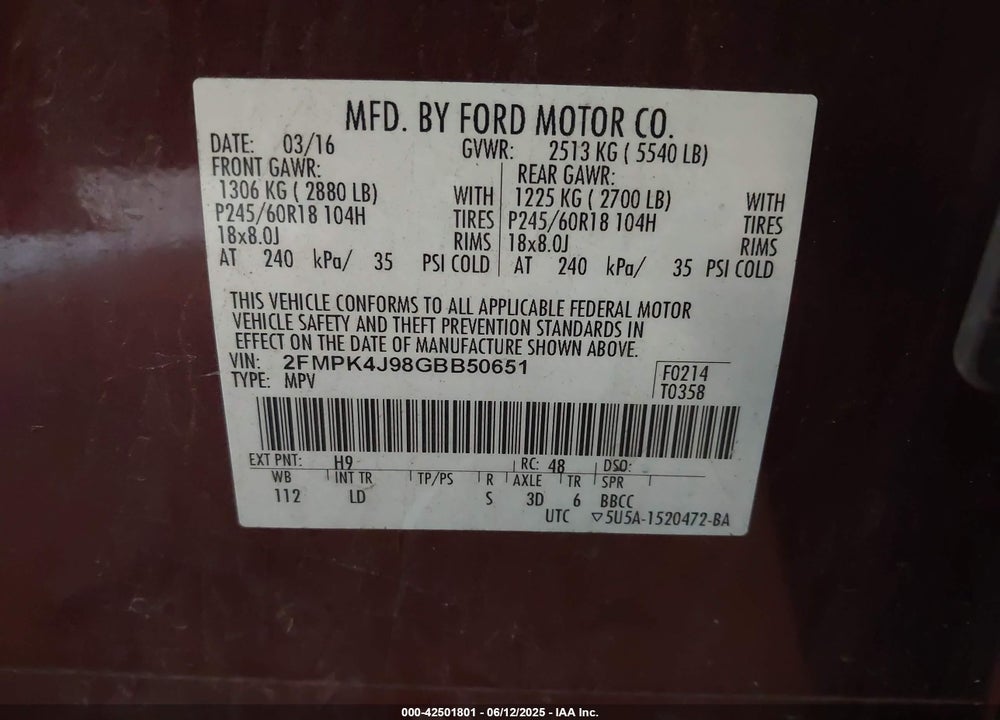 2016 FORD EDGE VIN: 2FMPK4J98GBB50651