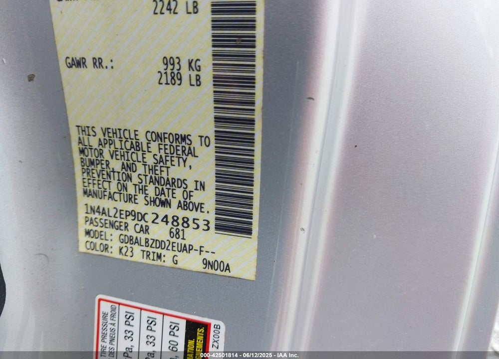 2013 NISSAN ALTIMA VIN: 1N4AL2EP9DC248853
