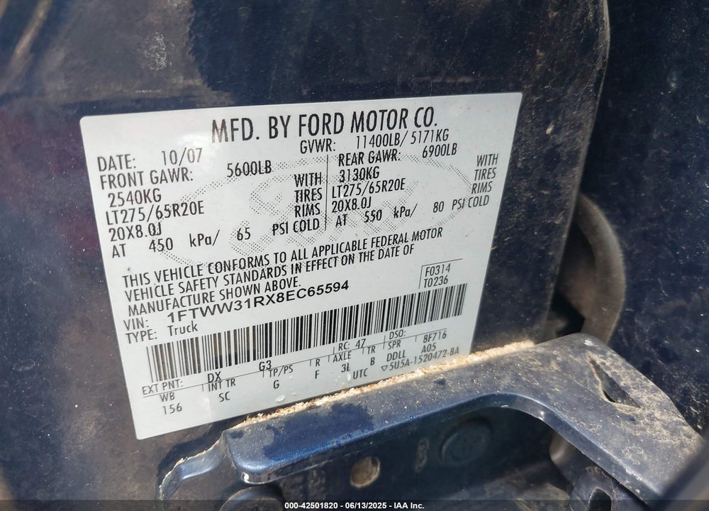 2008 FORD F-350 KING RANCH VIN: 1FTWW31RX8EC65594