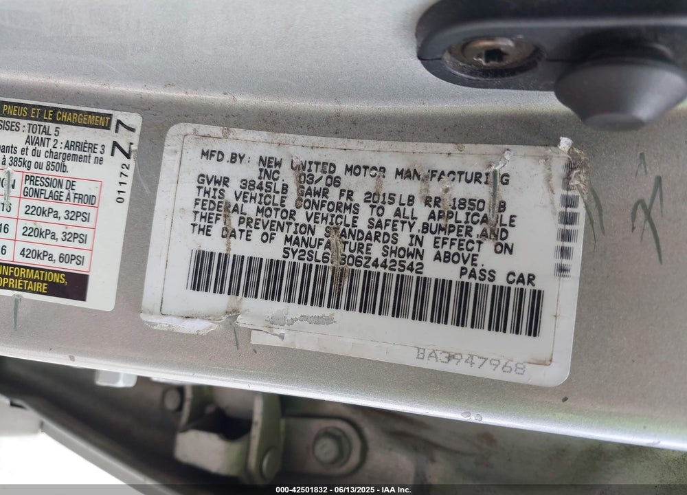 2006 PONTIAC VIBE VIN: 5Y2SL65806Z442542