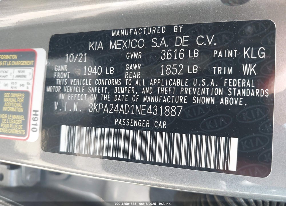 2022 KIA RIO VIN: 3KPA24AD1NE431887