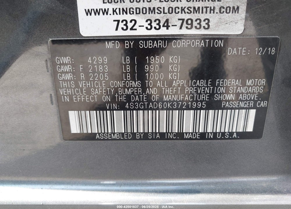 2019 SUBARU IMPREZA VIN: 4S3GTAD60K3721995