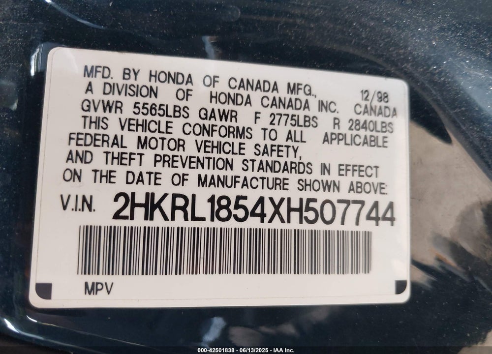 1999 HONDA ODYSSEY LX VIN: 2HKRL1854XH507744