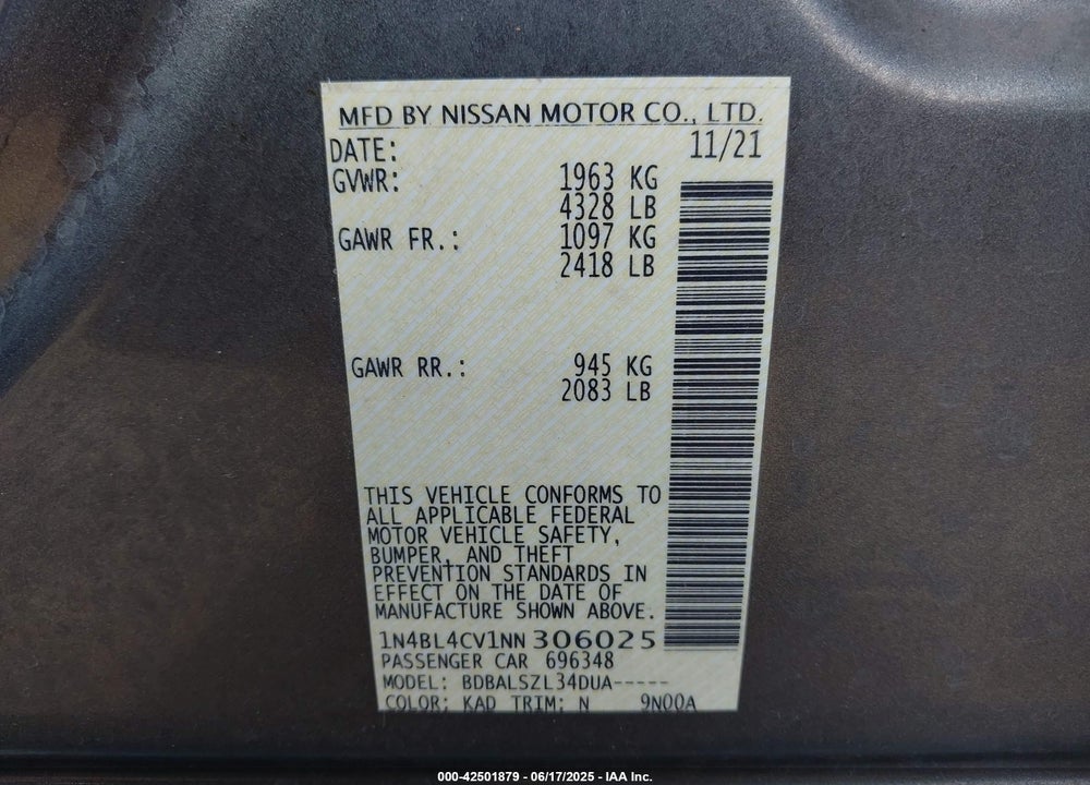 2022 NISSAN ALTIMA VIN: 1N4BL4CV1NN306025